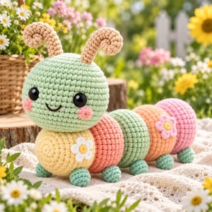 May include: A crocheted caterpillar toy featuring a large light green head with two curled antennae, black eyes, and pink cheeks. The body consists of segmented spheres in yellow, coral, green, orange, and pink, decorated with small white flowers.