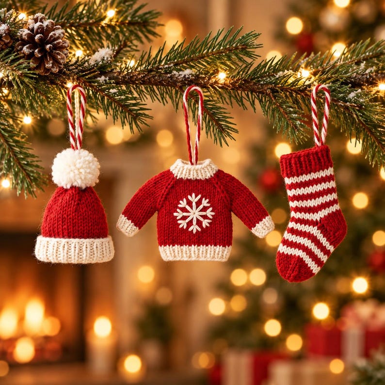 Christmas Knitting Patterns PDF, Mini Hat Sweater Stocking Ornaments