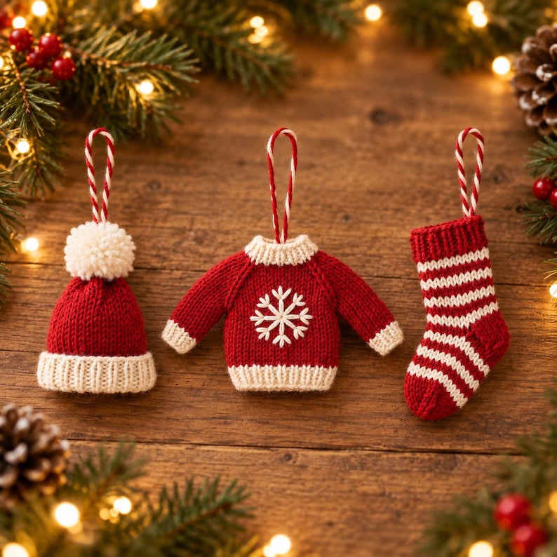 Christmas Knitting Patterns PDF, Mini Hat Sweater Stocking Ornaments