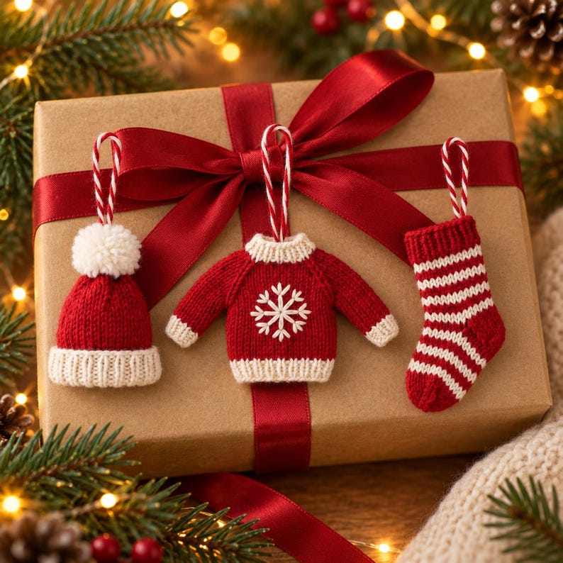 Christmas Knitting Patterns PDF, Mini Hat Sweater Stocking Ornaments