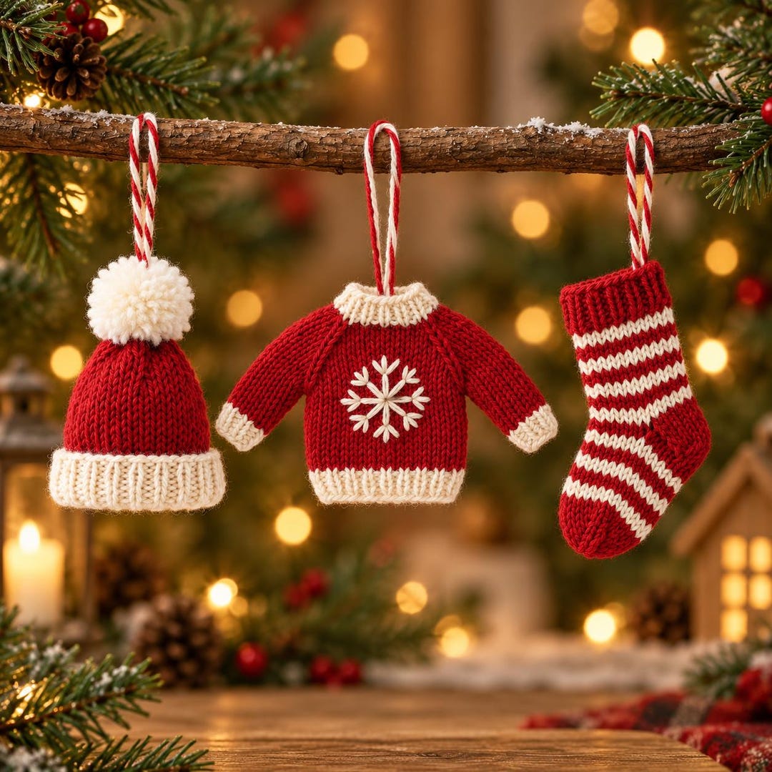 Christmas Knitting Patterns PDF, Mini Hat Sweater Stocking Ornaments