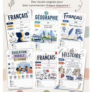 Könnte beinhalten: Eine Sammlung von sechs pädagogischen Deckblättern für Schulfächer wie Französisch, Geografie, Ethik und Geschichte. Jedes Blatt enthält thematische Illustrationen, Fachbezeichnungen sowie leere Felder für Name, Klasse und Schuljahr.