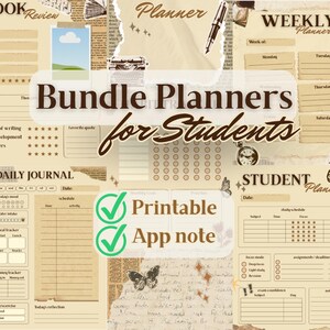 Può includere: Un set di planner digitali per studenti con estetica beige, texture di carta vintage e grafiche di macchina da scrivere e penna stilografica. Include il testo "Bundle Planners for Students", "Printable", "App note", "Daily Journal".