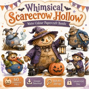 May include: A digital papercraft bundle titled Whimsical Scarecrow Hollow featuring watercolor illustrations of scarecrows, pumpkins, ghosts, and a black cat. Includes 60 transparent PNGs, high resolution 300 dpi, instant download, and commercial use.