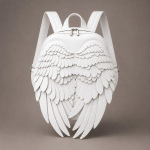 May include: A white backpack featuring a prominent three-dimensional wing design on the front panel. The bag includes two shoulder straps, a top handle, and a zippered closure with silver-toned hardware. The layered feather details create a textured surface.