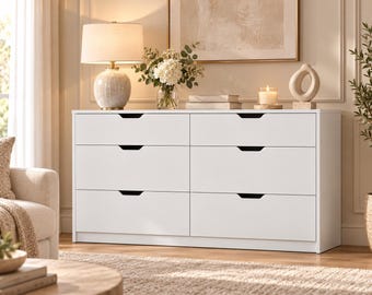 6 Drawer Dresser, Wide Modern Chest of Drawers, Handleless Wood Storage Cabinet for Bedroom, Nursery & Home