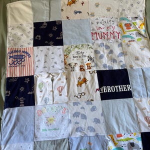 Op de afbeelding: Een patchwork deken gemaakt van diverse babykledingstukken, met uiteenlopende patronen waaronder dieren, heteluchtballonnen en teksten zoals "Really love my MUMMY", "Baby Born in 2016", "LITTLE BROTHER" en "DADDY'S little sunshine".