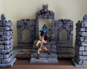 Diorama van middeleeuwse ruïnes op schaal 1/12 voor actiefiguren van Mythic Legions.