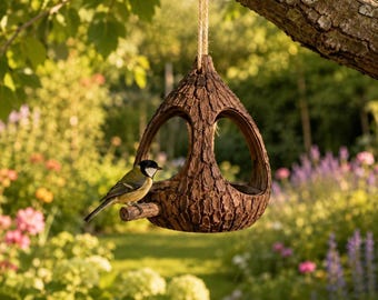 Mangiatoia per uccelli sospesa in resina, mangiatoia rustica per uccelli da bosco, decorazione da giardino con corteccia d'albero, stazione di alimentazione per uccelli da esterno, regalo per amanti degli uccelli