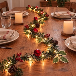 Puede incluir: Una guirnalda navideña con agujas de pino verdes, pequeñas luces blancas cálidas, adornos rojos, racimos de bayas rojas, piñas marrones y hojas de acebo variegadas, dispuesta como centro de mesa sobre una mesa de comedor de madera.