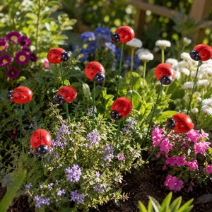 Peut inclure: Une collection de tuteurs de jardin en forme de coccinelles rouges avec des points et des têtes noirs, montées sur de fines tiges métalliques vertes. Les coccinelles sont placées à différentes hauteurs parmi le feuillage et les fleurs.