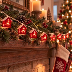May include: A string of decorative Christmas lights featuring small red house-shaped covers with white roofs. Each house displays a glowing silhouette of a reindeer. The lights are draped across a green pine garland adorned with pinecones and red berries.