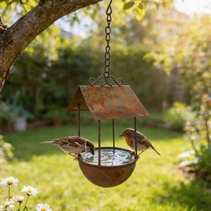 Peut inclure: Un bain d'oiseaux suspendu en métal rouillé avec un toit en pente et un bol central rempli d'eau. Deux petits oiseaux, un moineau et un rouge-gorge, sont posés sur le bord du bol et boivent l'eau contenue dans le bassin central.