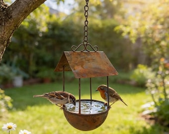 Rustiek hangend vogelbad en voederbak, metalen waterbak voor vogels met dak, decoratie voor een landelijke tuin, cadeau voor vogelliefhebbers