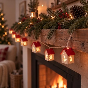 May include: A string of decorative fairy lights featuring small white house-shaped lanterns with bright red roofs. Each lantern has a cutout design of a Christmas tree on its front, illuminated from within by a warm glowing light bulb.