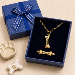 Gepersonaliseerde ketting en ringenset in de vorm van een hondenbot, sieraden met de naam van uw huisdier, gedenkcadeau voor uw huisdier, ketting met pootafdruk als aandenken, cadeau voor hondenmoeder