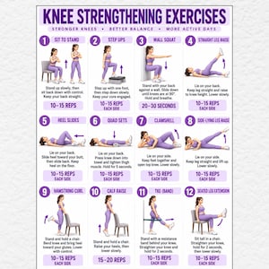Könnte beinhalten: Ein digitales Poster mit dem Titel KNEE STRENGTHENING EXERCISES, das zwölf nummerierte Illustrationen einer Person in violetter Sportkleidung bei physiotherapeutischen Übungen zeigt. Enthält Anleitungen, Wiederholungen und A4-Format.