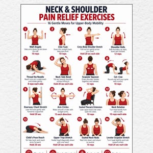 May include: An educational poster titled Neck & Shoulder Pain Relief Exercises featuring 16 numbered illustrations of a person in a red tank top performing mobility movements. Text includes instructions for each exercise, rep counts, and safety tips.