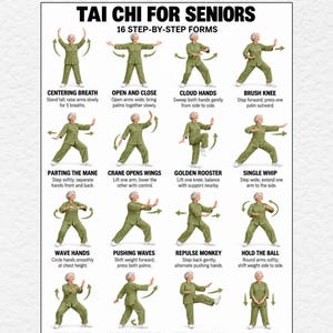 May include: A Tai Chi for Seniors instructional poster featuring 16 step-by-step forms. Each section displays a person in a green outfit demonstrating a movement with descriptive text, including titles like Centering Breath and Closing Form.