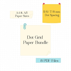 May include: A dot grid paper bundle digital product display featuring three rectangular notes. The notes contain the text A4 & A5 Paper Sizes, 5/6/ 7/8 mm Dot Spacing, and Dot Grid Paper Bundle with a blue paperclip. A blue label reads 8 PDF Files.