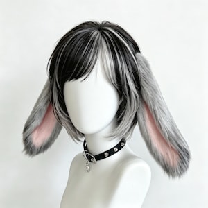 Pode incluir: Uma peruca curta preta e branca com longas orelhas de coelho de pelo sintético cinza e forro interno rosa suave. A peruca é exibida em um manequim branco usando uma gargantilha preta de couro com tachas prateadas e um pequeno pingente.