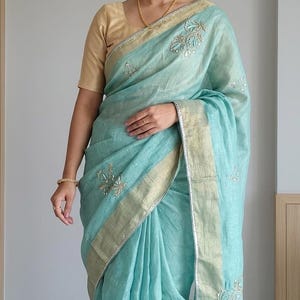 Sea Green Organza Saree | Floral Embroidery, Sequins, Beadwork (6m Length)