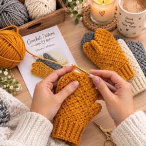 Puede incluir: Una manopla de ganchillo color amarillo mostaza trabajada con un ganchillo dorado. Una tarjeta con patrón de ganchillo, ovillos de lana en mostaza, gris y crema, una vela encendida, una taza con el texto Good Things Take Time y tijeras.
