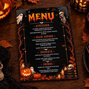 May include: A rectangular Halloween-themed menu card with a black background, orange text, and illustrations of pumpkins, ghosts, skulls, and spiderwebs. The menu lists sections for appetizer, main course, dessert, and drinks with various food items.