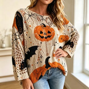 Può includere: Un maglione a maniche lunghe beige con una trama a maglia aperta, decorato con motivi di zucche di Halloween arancioni, sagome di pipistrelli neri e disegni di ragnatele. Il capo presenta uno scollo rotondo e polsini a coste.