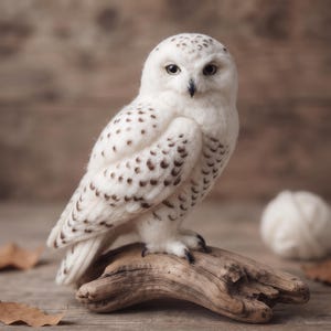 May include: A needle-felted snowy owl figurine with white wool plumage and dark brown spots on its wings and head. The owl has large, dark, forward-facing eyes and a small black beak, and it is perched on a piece of weathered driftwood.