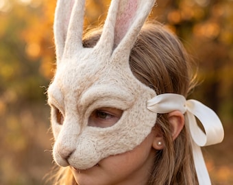 Masque de lapin en feutrine aiguilletée, costume d'animal de la forêt, déguisement de lapin en laine, accessoire photo féerique
