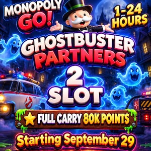 Può includere: Una grafica promozionale di Monopoly Go con la mascotte Monopoly con cilindro, un'auto dei Ghostbusters e fantasmi blu. Il testo include MONOPOLY GO!, GHOSTBUSTER PARTNERS 2 SLOT, 1-24 HOURS, FULL CARRY 80K POINTS e STARTING SEPTEMBER 29.