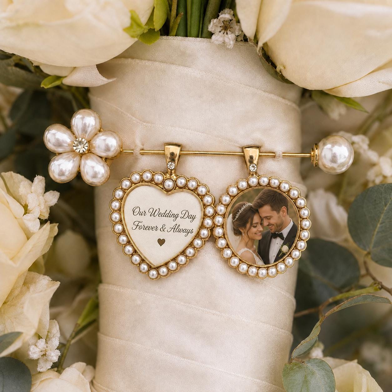 Personalized Wedding Bouquet Pin, Custom Photo and Heart Message Pearl Keepsake