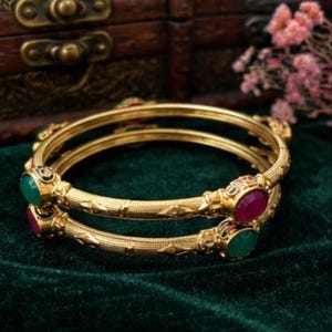 Gold Tone Ruby & Emerald Green Stone Bangles Set of 2 | Traditional Indian Kada | Ethnic Bridal Jewelry | Vintage Style Bracelet