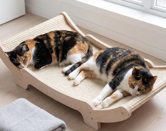 Wooden Cat Lounge Scratcher | Sisal Rocking Cat Bed | Curved Wood Cat Chaise for Napping and Scratching | gift for cats lover | gift for pet