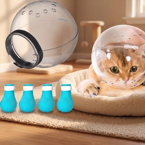 May include: A clear, spherical, plastic cat muzzle with a black collar and ventilation holes, accompanied by four bright turquoise silicone pet boots with white straps, designed for grooming or medical protection for a feline.