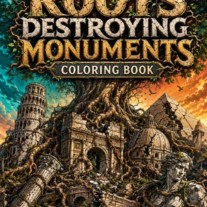 May include: A coloring book titled Roots Destroying Monuments featuring a large tree with thick roots entwining historical structures like the Leaning Tower of Pisa, a pyramid, a domed building, an arch, and a stone statue against a sunset sky.