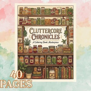 May include: A coloring book titled Cluttercore Chronicles: A Coloring Book Masterpiece, featuring an illustration of wooden shelves filled with numerous glass jars of preserved food, various potted plants, and a row of books on the bottom shelf.