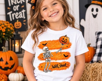 May include: A white short-sleeved t-shirt featuring a graphic print of a skeleton holding a string attached to a jack-o'-lantern balloon. The design includes orange brushstroke backgrounds with spiderweb patterns, bats, and the text Well, shoot.