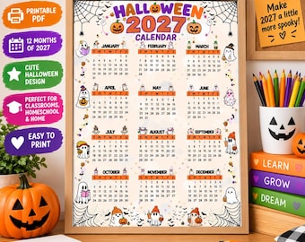 May include: A 2027 Halloween calendar in a wooden frame featuring twelve months with illustrations of ghosts, pumpkins, and spiderwebs. The calendar includes the text HALLOWEEN 2027 CALENDAR and is surrounded by various Halloween-themed decorations.