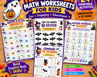 May include: A set of 24 printable Halloween math worksheets for kindergarten and 1st grade. The pages feature colorful illustrations of ghosts, pumpkins, and bats, with activities including before and after numbers, finding numbers, and comparing numbers.