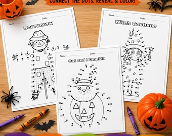 Puede incluir: Tres hojas de actividades blancas con ilustraciones de Halloween para unir puntos, que muestran un espantapájaros, un disfraz de bruja y un gato con una calabaza. Las páginas incluyen espacios para nombre y fecha, junto a lápices naranjas.
