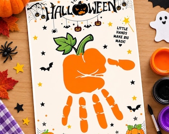 May include: A white rectangular craft sheet featuring the text Happy Halloween and Little Hands Make Big Magic. The center displays an orange handprint shaped like a pumpkin with a green stem and leaf, surrounded by black bats, spiders, and yellow stars.