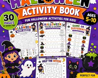 May include: A Halloween activity book cover featuring a purple background with a pumpkin, witch, ghost, and black cat. The text reads Halloween Activity Book, Ages 5-10, 30 Pages, and includes examples of word search, tracing, and maze pages.