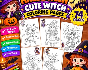 May include: A digital collection of 74 Halloween cute witch coloring pages featuring black and white line art of characters in witch hats, pumpkins, bats, and brooms, displayed with colorful promotional text and illustrations on a wooden background.