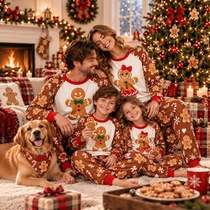 May include: Matching brown and white long-sleeve pajamas featuring gingerbread man graphics, red accents, and snowflake patterns. The set includes shirts with raglan sleeves and coordinating pants, plus a matching bandana for a golden retriever.