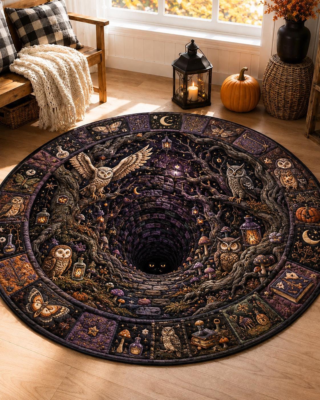 Mystical Owl Forest 3D Illusion Round Rug, Gothic Halloween Vortex Floor Mat (Coral Fleece)