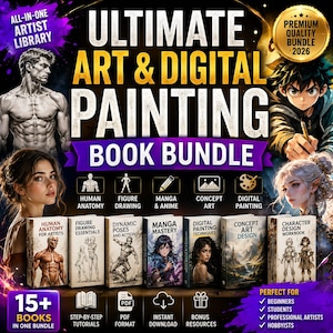 May include: A digital art and painting book bundle featuring the text Ultimate Art & Digital Painting Book Bundle. The collection includes guides on human anatomy, figure drawing, manga, anime, concept art, and digital painting techniques.