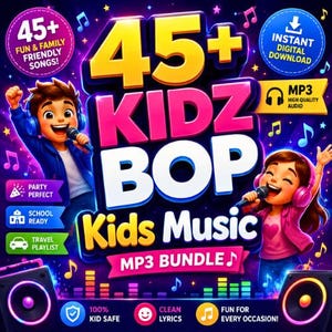 May include: A digital music bundle graphic featuring the text 45+ KIDZ BOP Kids Music MP3 BUNDLE. The image displays two cartoon children singing into microphones while wearing headphones, surrounded by musical notes, speakers, and icons.