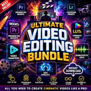 Puede incluir: Un gráfico digital para un Ultimate Video Editing Bundle que presenta la silueta central de una persona frente a una computadora, rodeada de iconos para Premiere Pro, Lightroom, LUTs, transiciones y efectos de sonido sobre un fondo de neón vibrante.